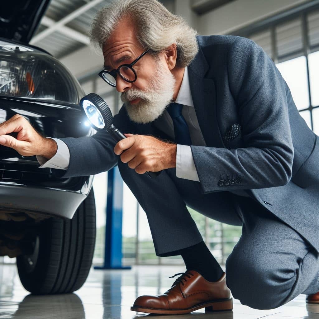 a man inspecting and evaluating a car for purchase by autoambiente.com