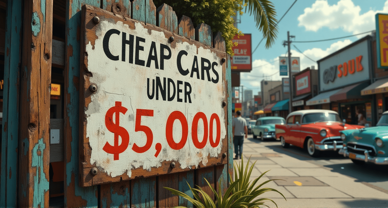 A weathered, hand-painted sign advertising "Cheap Cars Under $5,000" nailed to a wooden fence, with a bustling street scene of vintage cars and shops in the background.