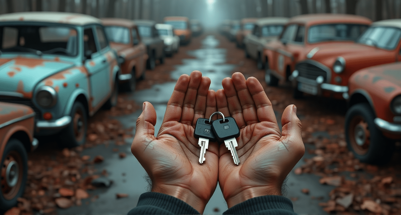  A pair of weathered hands holding a set of car keys against a blurry background of a junkyard filled with rows of rusty, abandoned cheap cars, creating a sense of mystery and adventure.