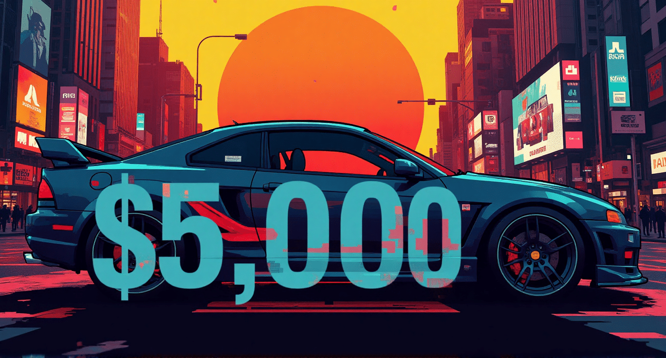 A stylized silhouette of a cheap car against a vibrant, urban backdrop at night. The text "$5,000" is incorporated into the design as a stylized price tag, positioned prominently in the foreground, perhaps with a neon effect. The overall aesthetic is modern, edgy, and attention-grabbing, with a high-contrast color scheme and sharp lines.