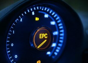 EPC Light VW Photorealistic, high-resolution image of a glowing EPC light on a VW dashboard, set against a clean, uncluttered background, with vibrant colors and high-quality details, suitable as a featured image for a WordPress blog post."