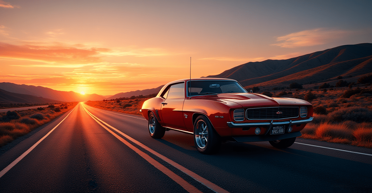 A classic muscle cars cruising down an open highway, symbolizing American freedom and the thrill of the open road.
