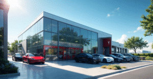 Image of a sleek Tesla dealership showcasing electric vehicles with the title, "Tesla Dealership: The Ultimate Guide to Electric Excellence 2026.