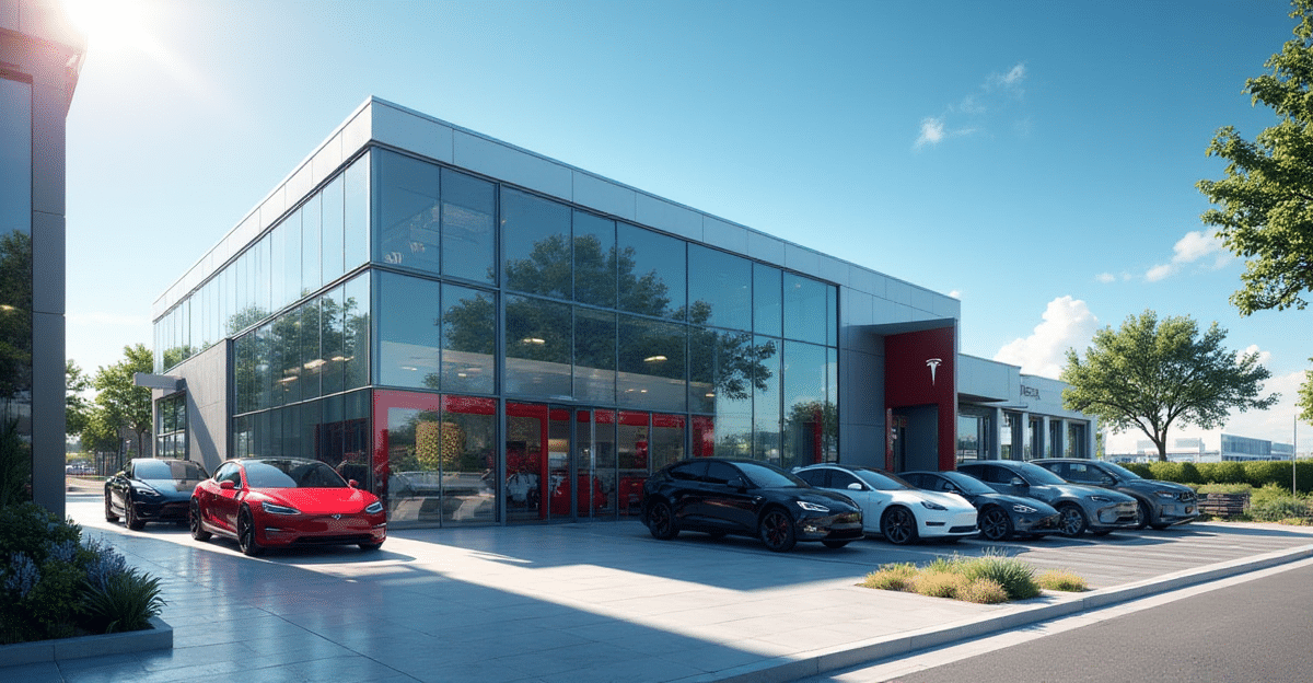 Image of a sleek Tesla dealership showcasing electric vehicles with the title, "Tesla Dealership: The Ultimate Guide to Electric Excellence 2026.