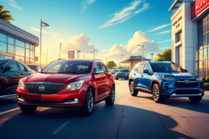 A collage of off-lease used cars with price tags, highlighting deals and options for budget-conscious buyers.