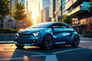 A sleek smart car showcases AI technology, transforming driving with enhanced safety, navigation, and user experience.