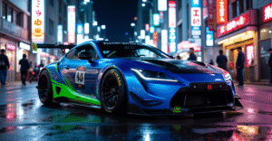 A vibrant street scene showcasing neon lights, modified cars, and racers, highlighting Tokyo's influence on US car culture.