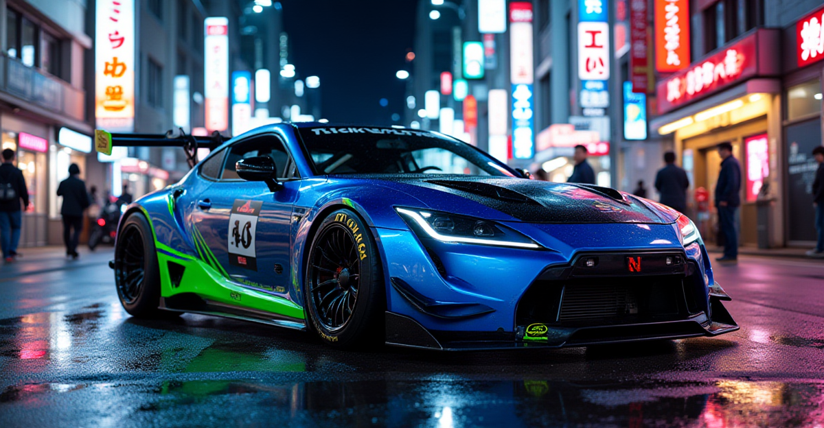 A vibrant street scene showcasing neon lights, modified cars, and racers, highlighting Tokyo's influence on US car culture.