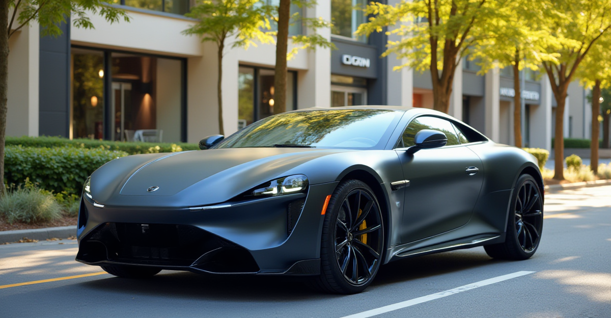 A sleek car with a matte vinyl wrap showcased on a city street, highlighting the popularity of matte finishes in vehicle customization.