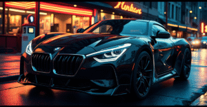 A sleek BMW drives down a city street, symbolizing the debate on its coolness in America today.