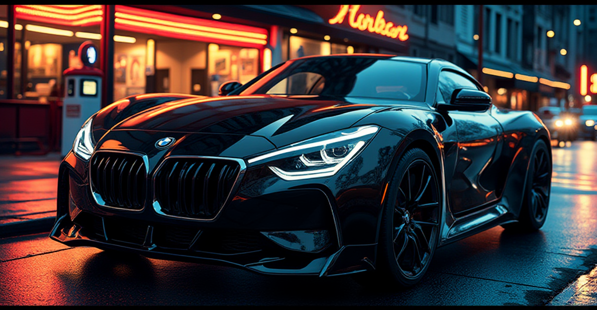 A sleek BMW drives down a city street, symbolizing the debate on its coolness in America today.