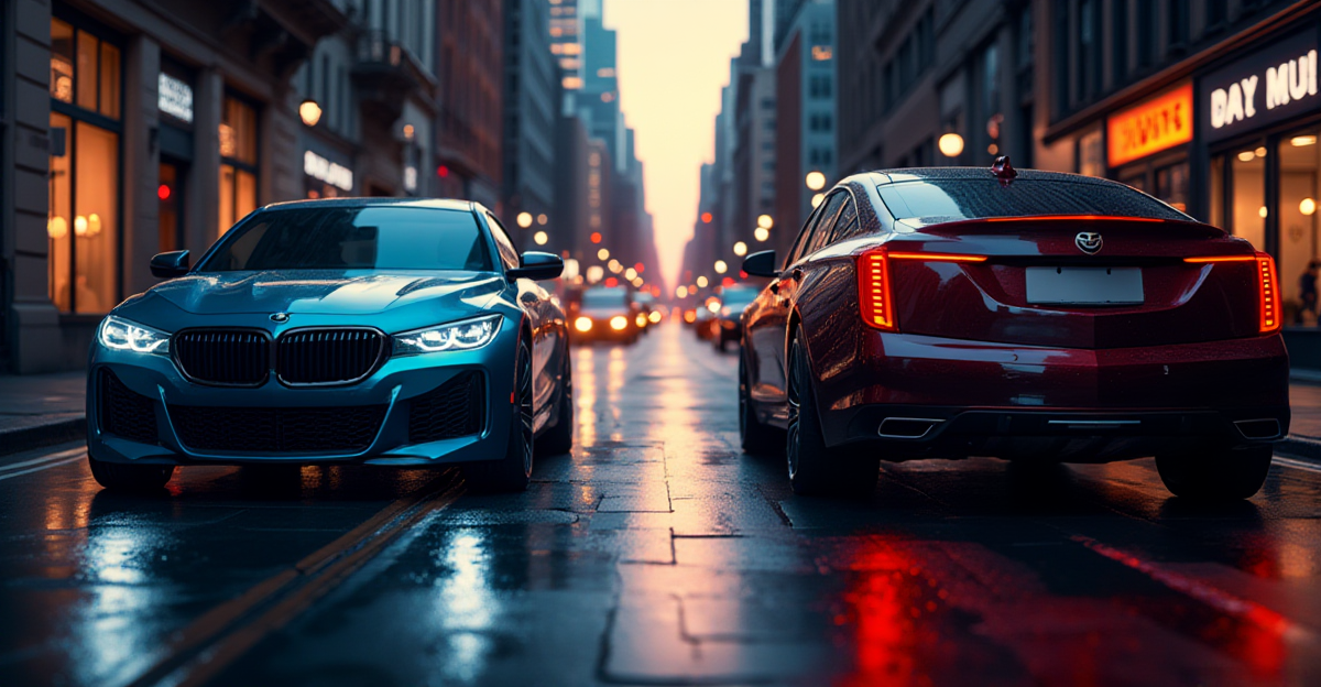 Graphic comparing BMW and Cadillac luxury brands in a competitive U.S. market analysis.
