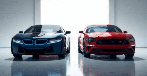 Comparison of BMW i4 and Ford Mustang Mach-E EVs, highlighting features and specs for US market.
