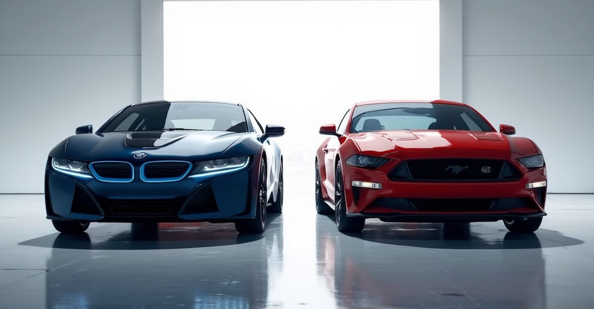Comparison of BMW i4 and Ford Mustang Mach-E EVs, highlighting features and specs for US market.