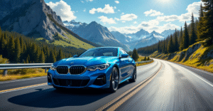 A scenic view of a BMW cruising along a picturesque American highway, showcasing the best road trip routes.