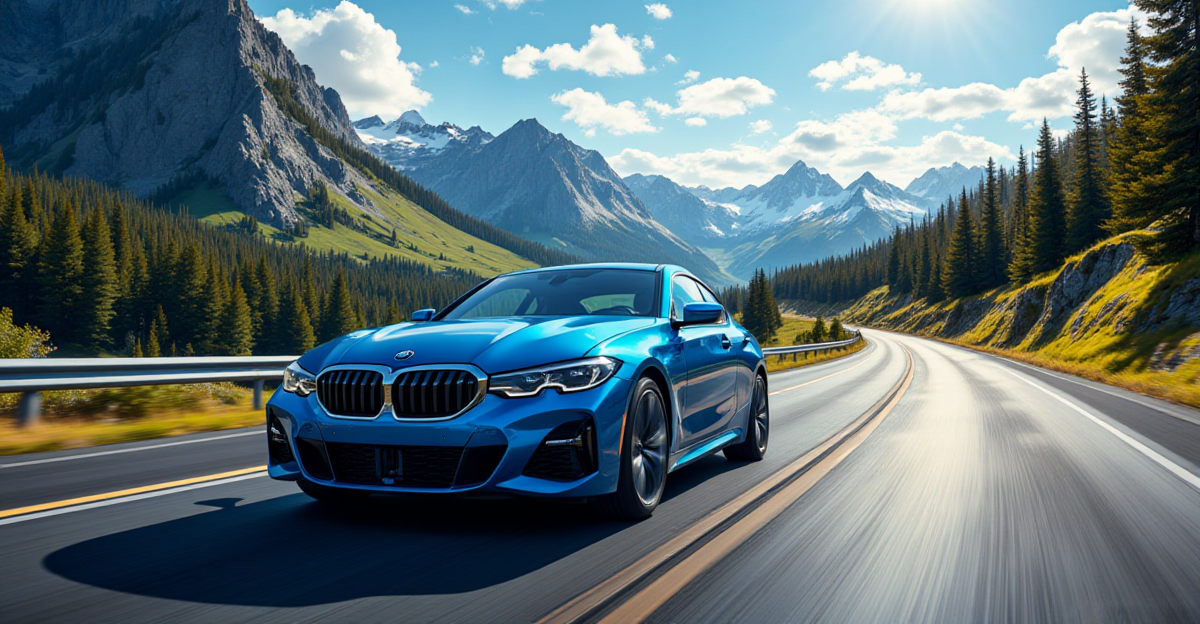 A scenic view of a BMW cruising along a picturesque American highway, showcasing the best road trip routes.